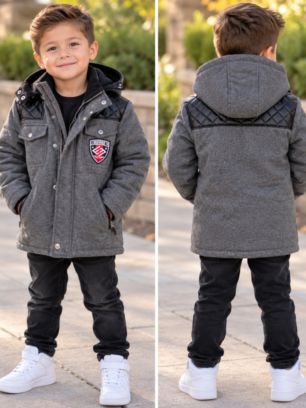 ENYCE Boys Size 4 Gray Hooded Jacket Coat Faux Leather Detail Warm